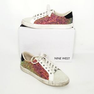 Nine West Lace Up Glitter Sneakers with Destressed Vintage Look